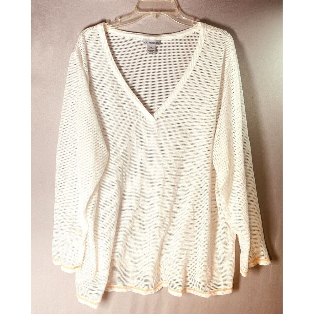 Catherines Mesh Blouse Womens Plus Sz 2X -22-24W White V-Neck Bikini Top Cover